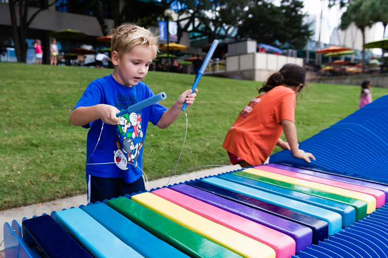 Project 5: The musical bench system contains sections of musical aluminum notes that each has two octaves of notes that can be played with attached mallets.

Photo credit: The Urban Conga