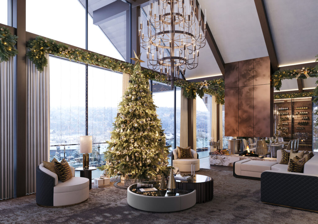 Gala chandelier is suspended in a vaulted ceiling with a reminiscent vintage appeal, perfect for the season. Other noteworthy design components include the Otto XL armchairs and the Algerone center table that bring additional detail.