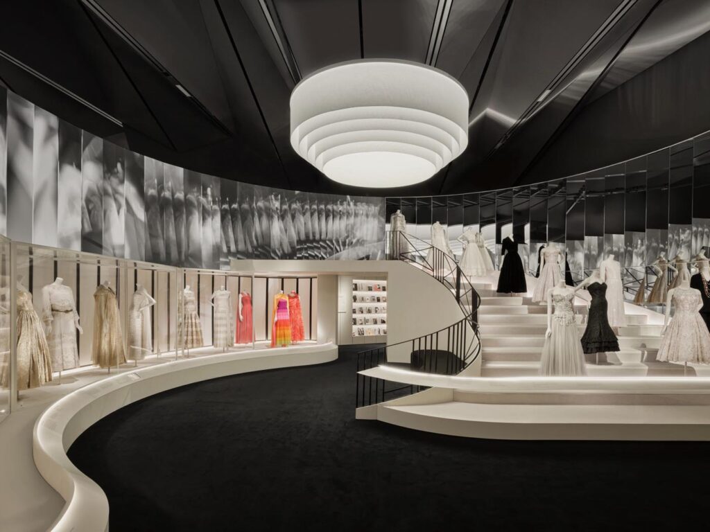 The showstopping eveningwear area, featuring a bespoke, abstracted chandelier designed by Studio ZNA