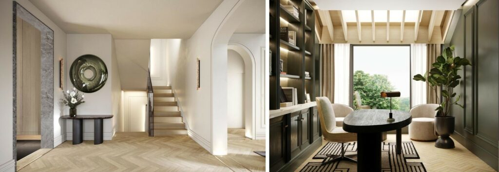 Ascending to the second floor, guests are greeted by the private library lounge, where green-coloured French-style wall panelling seamlessly blends with contemporary Chinese wood skylight framing, creating a space that is both modern and enchanting. This sanctuary offers a haven for inspiration and indulgence, where guests can immerse themselves in creativity and contemplation.