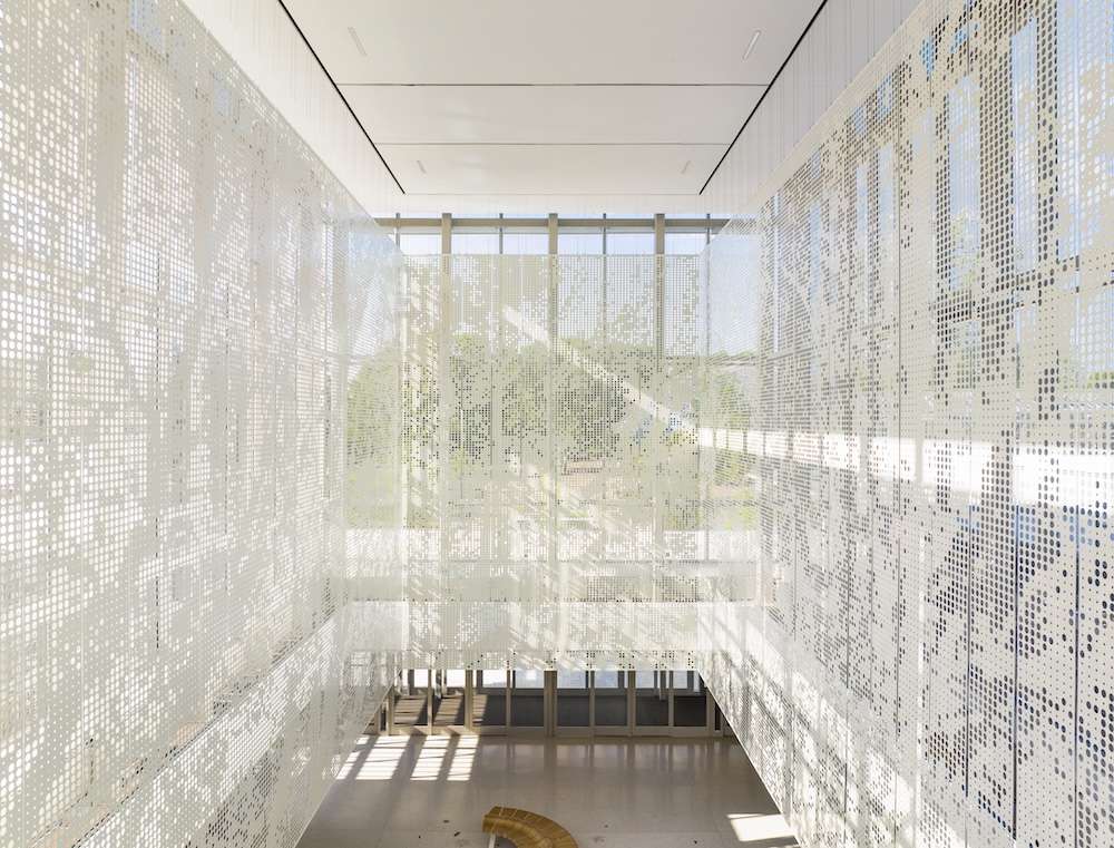 The Gingko - inspired scrim at the Jack C. Taylor Visitor Center at the Missouri Botanical Garden