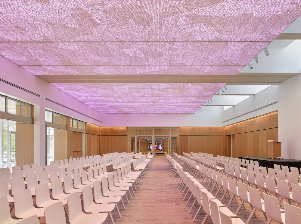 The Jack C. Taylor Visitor Center event space within the Missouri Botanical Garden, with a color - changing ceiling inspired by nature