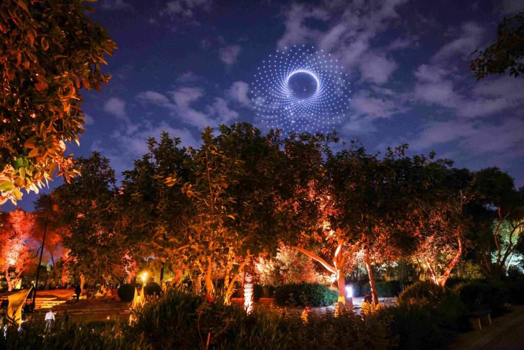 Noor Riyadh Festival 2024 Preview Night on Tuesday, November 26th, 2024, in Riyadh, Saudi Arabia. London-based artist collective, United Visual Artists, transformed the night sky into a living canvas with a preview of their drone show, Aether.