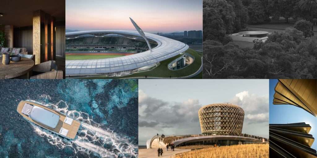 2024 Winners, from the top left: Van B Editions, Holzrausch Gmbh. Photo: Oliver Jaist. Quzhou Stadium, MAD Architects. Photo: CreatAR Images, Aogvisio. MPavilion 10, Tadao Ando Architect & Associates. Photo: Rory Gardiner, Luke Ray, William Hamilton-Coates, Marie-Luise Skibbe, Michael Pham, Rick Clifford. 55 Sunreef ULTIMA, Sunreef Venture S.A.. Photo: Sunreef Yachts. SILT Middelkerke, Delva Landscape Architecture | Urbanism. Photo: Sebastian van Damme. Masarycka, Zaha Hadid Architects. Photo: BoysPlayNice.