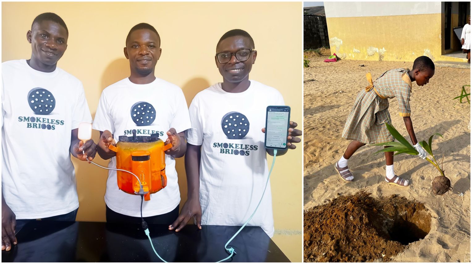 Left Photo: Kenneth Uche, Smokeless Briqs Ⓒ Kenneth Uche.

Right Photo: The First Step for Park — Trees, G.R.E.E.N. Ⓒ Amara Nwuneli.