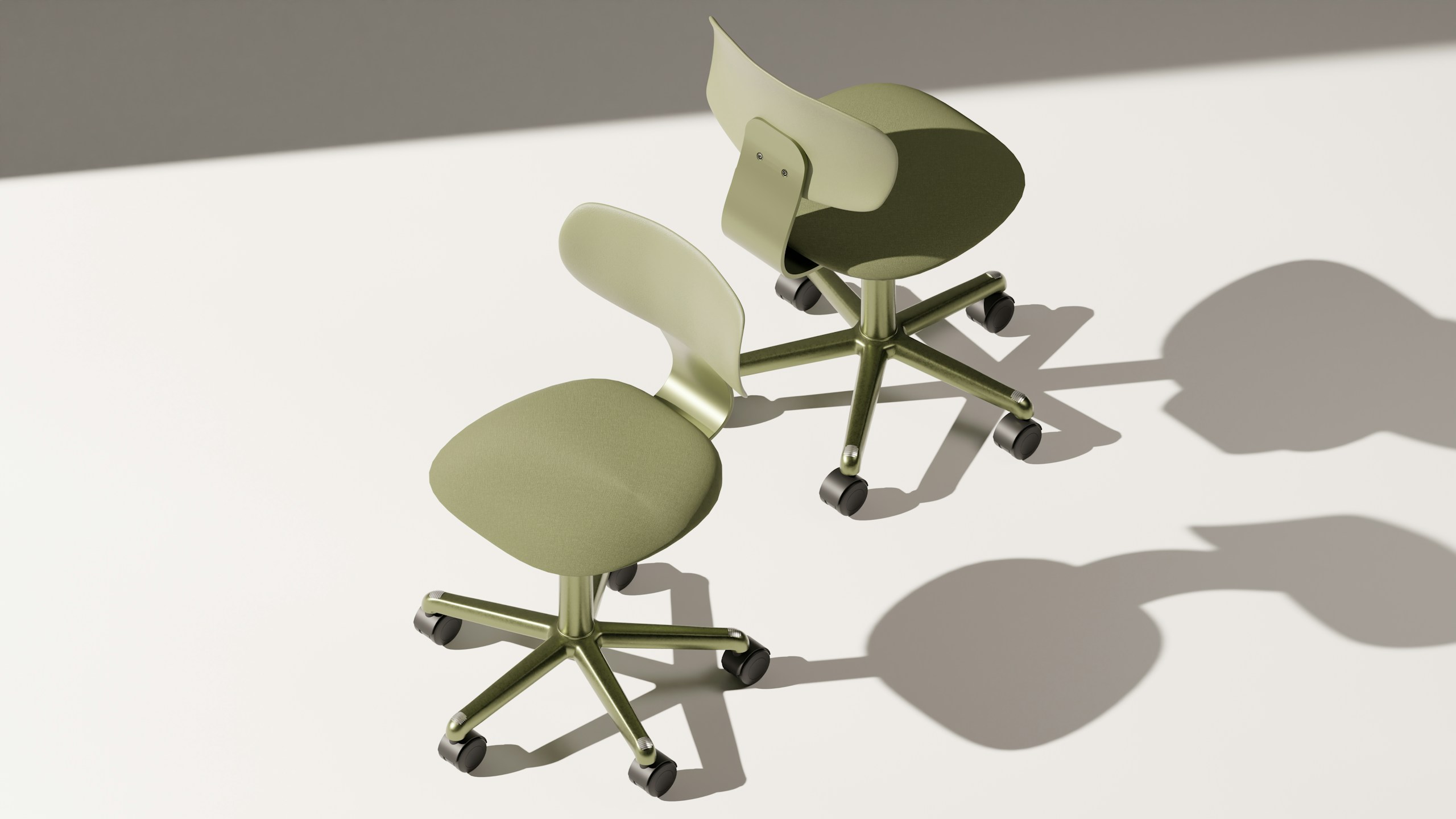 Two modern olive green office chairs.