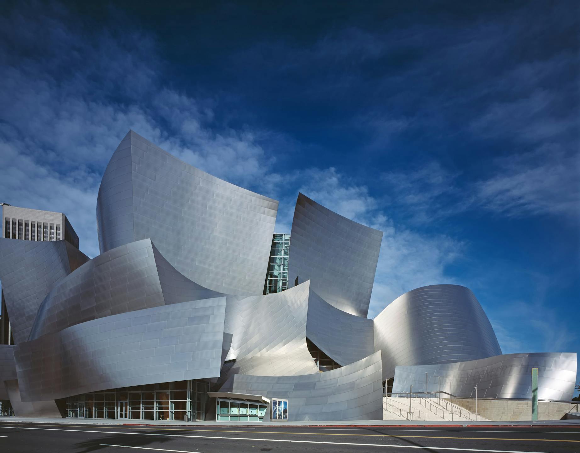 Iconic stainless steel architecture of the Walt Disney Concert Hall in Los Angeles.