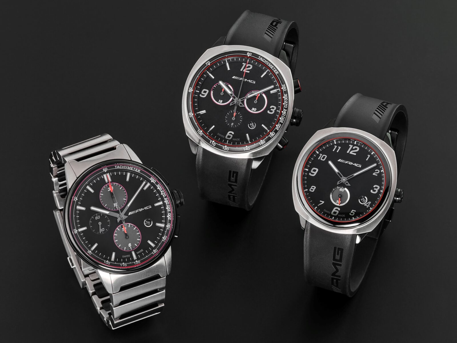 AMG automatic chronograph, business (left) AMG Watch, Essentials chronograph (center) AMG Watch, Essentials (right)