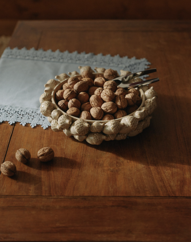 Sustainable home decor details, a seashell bowl containing walnuts