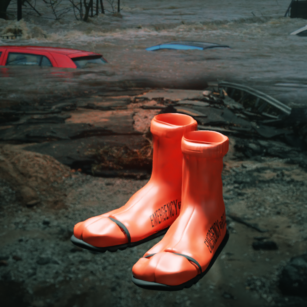 The Emergency Shoe's one-size-fits-most design can be worn on either foot. Its bright lifebuoy-orange colour ensures high visibility in chaotic environments, and a wraparound elastic band lets wearers adjust the fit on the fly.