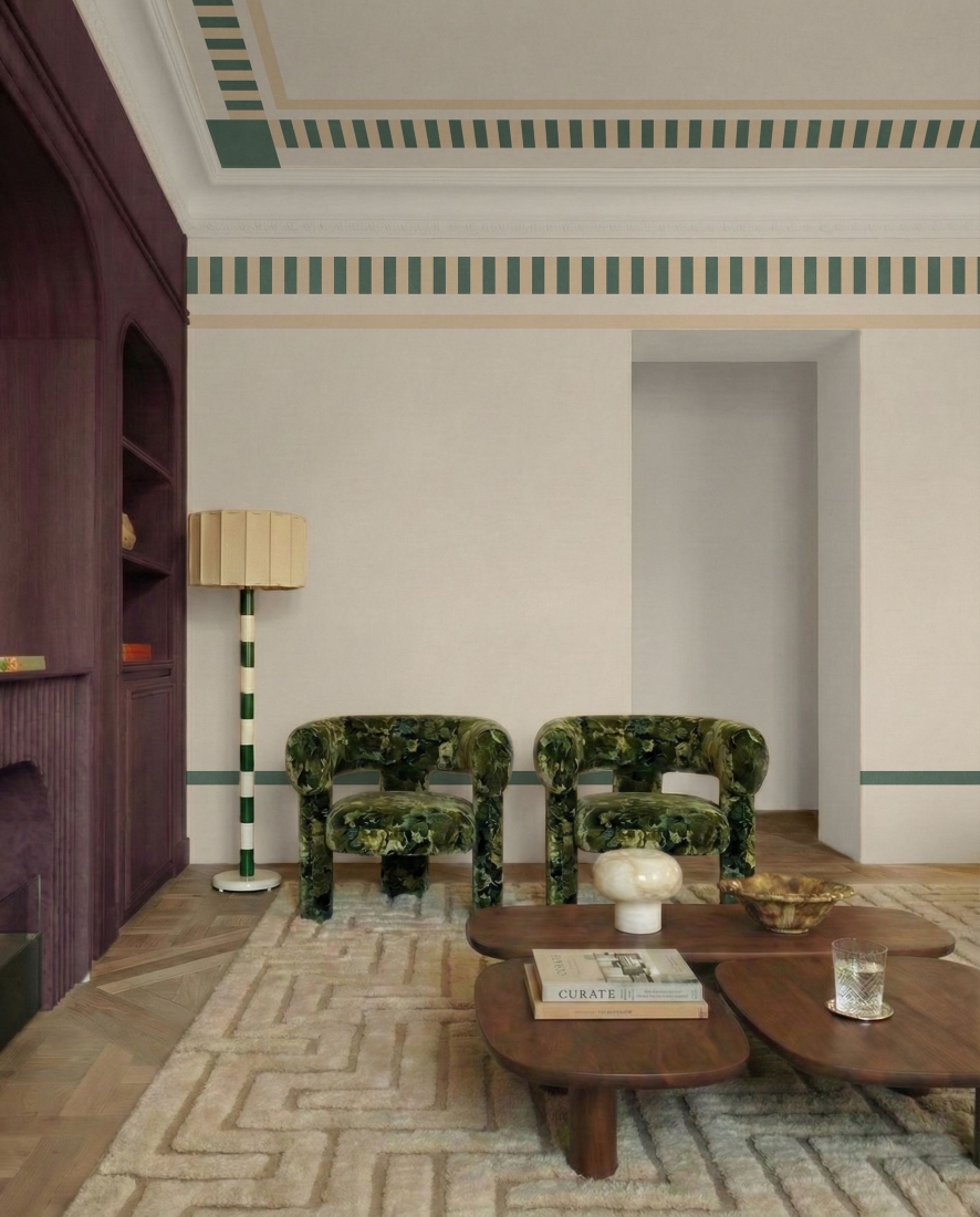 Striped Border Lines Forest Green and Beige