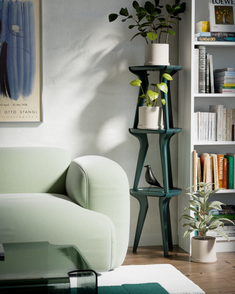 Baiji stools stacked to make a shelf