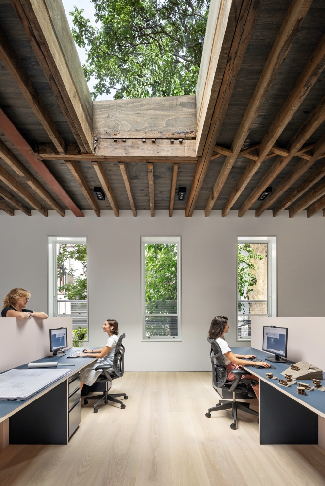 The wood joist ceiling