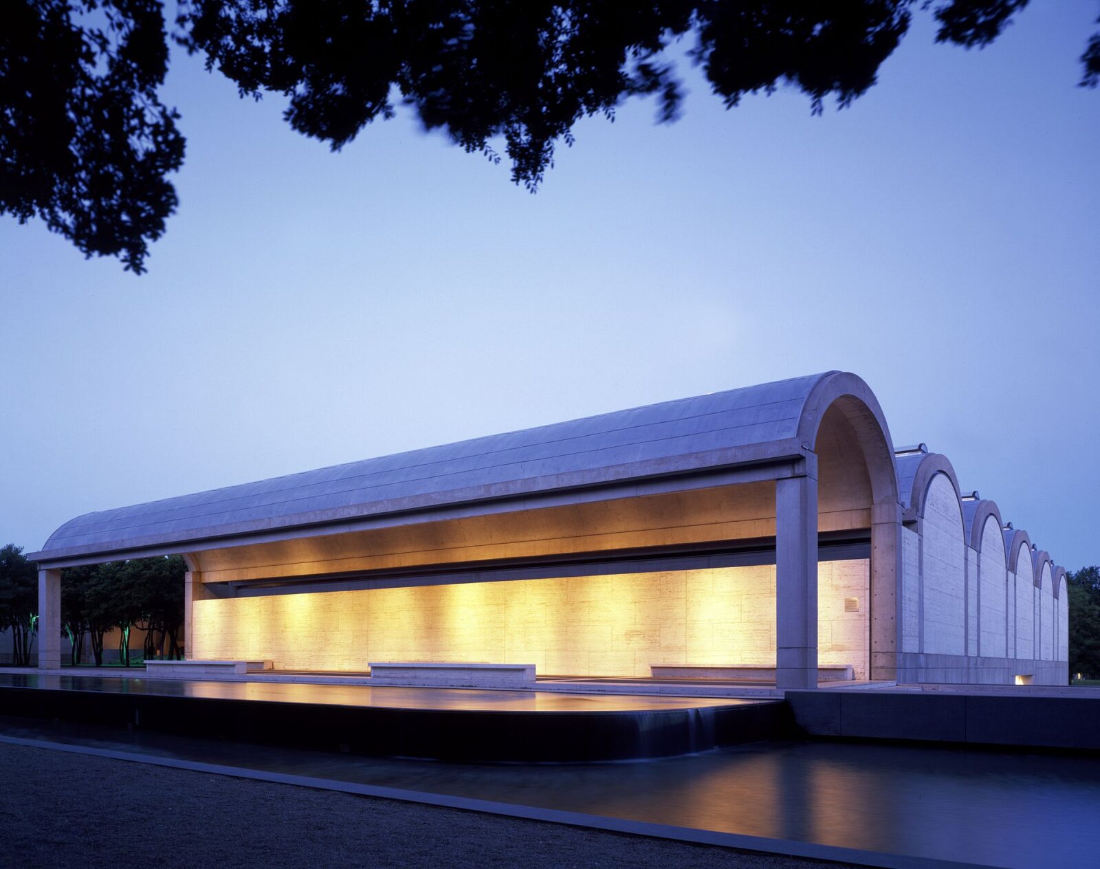 South wing of the Kimbell Art Museum at dusk, Fort Worth, Texas