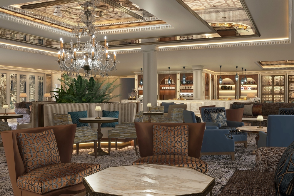 Historic palace styles. and contemporary luxury create sophisticated harmonious interior of Cairo Marriott Hotel