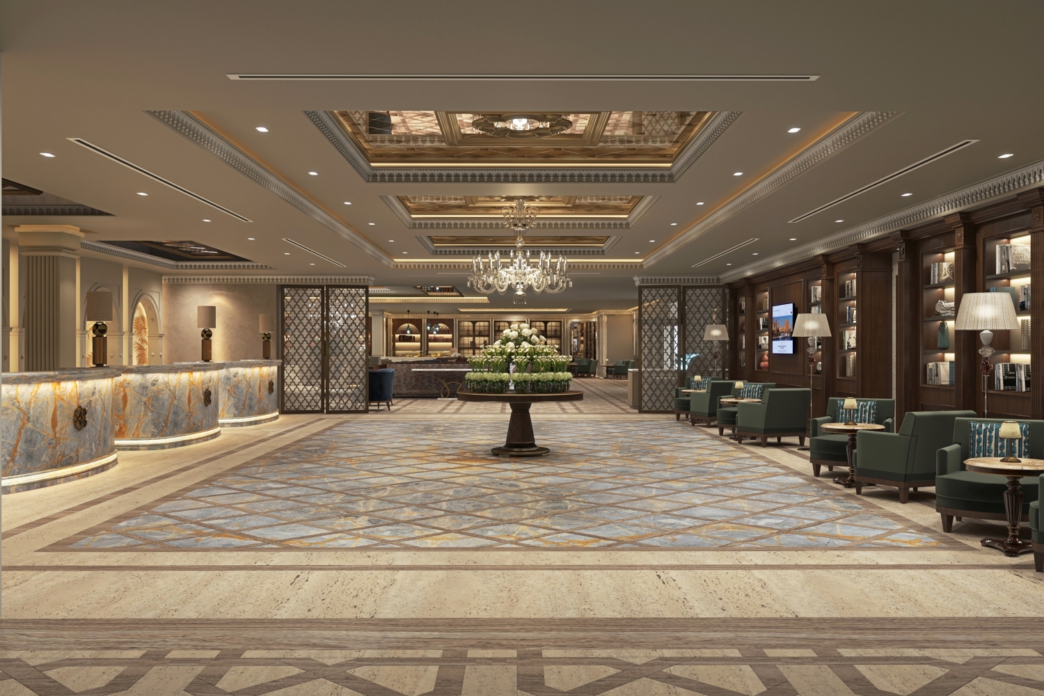 Historic palace styles. and contemporary luxury create sophisticated harmonious interior of Cairo Marriott Hotel