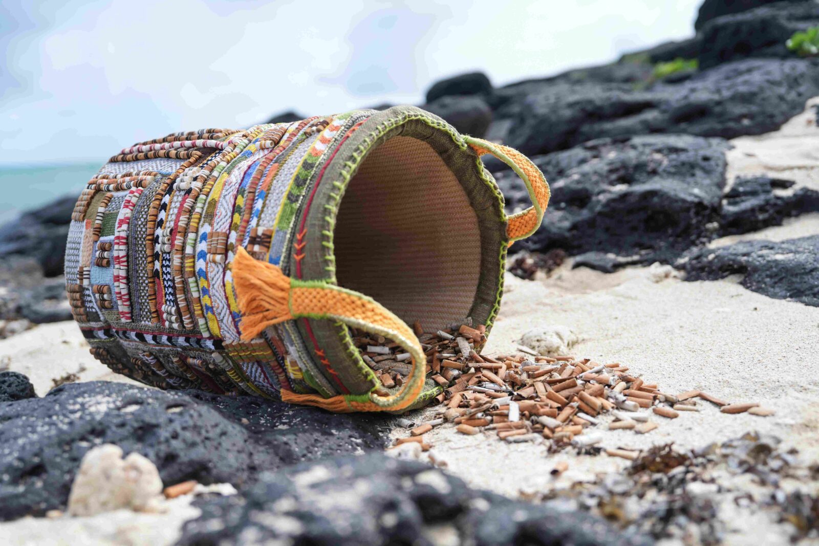Bin Your Butt, a colourful basket made from recycled cigarette filters, by Nathalie Leung Shing
