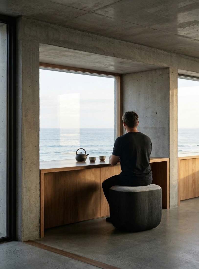 A man sitting at a Ishi Stool