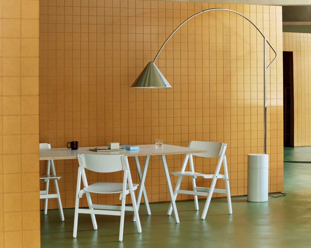 Backflip Chair, Loop stand table and Compas floor lamp